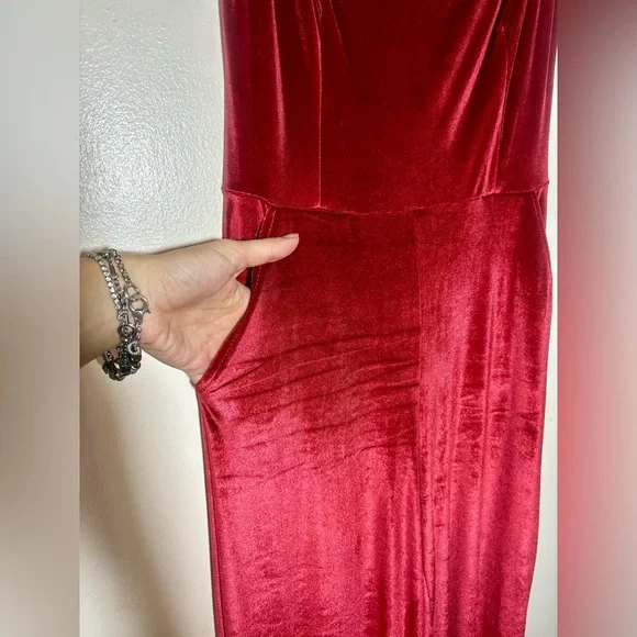 LULUS Hopeful Heart Red Velvet Backless Wide-Leg Jumpsuit - Picture 6 of 8